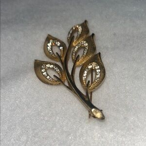 Gold tone Leaf Brooch with Rhinestones